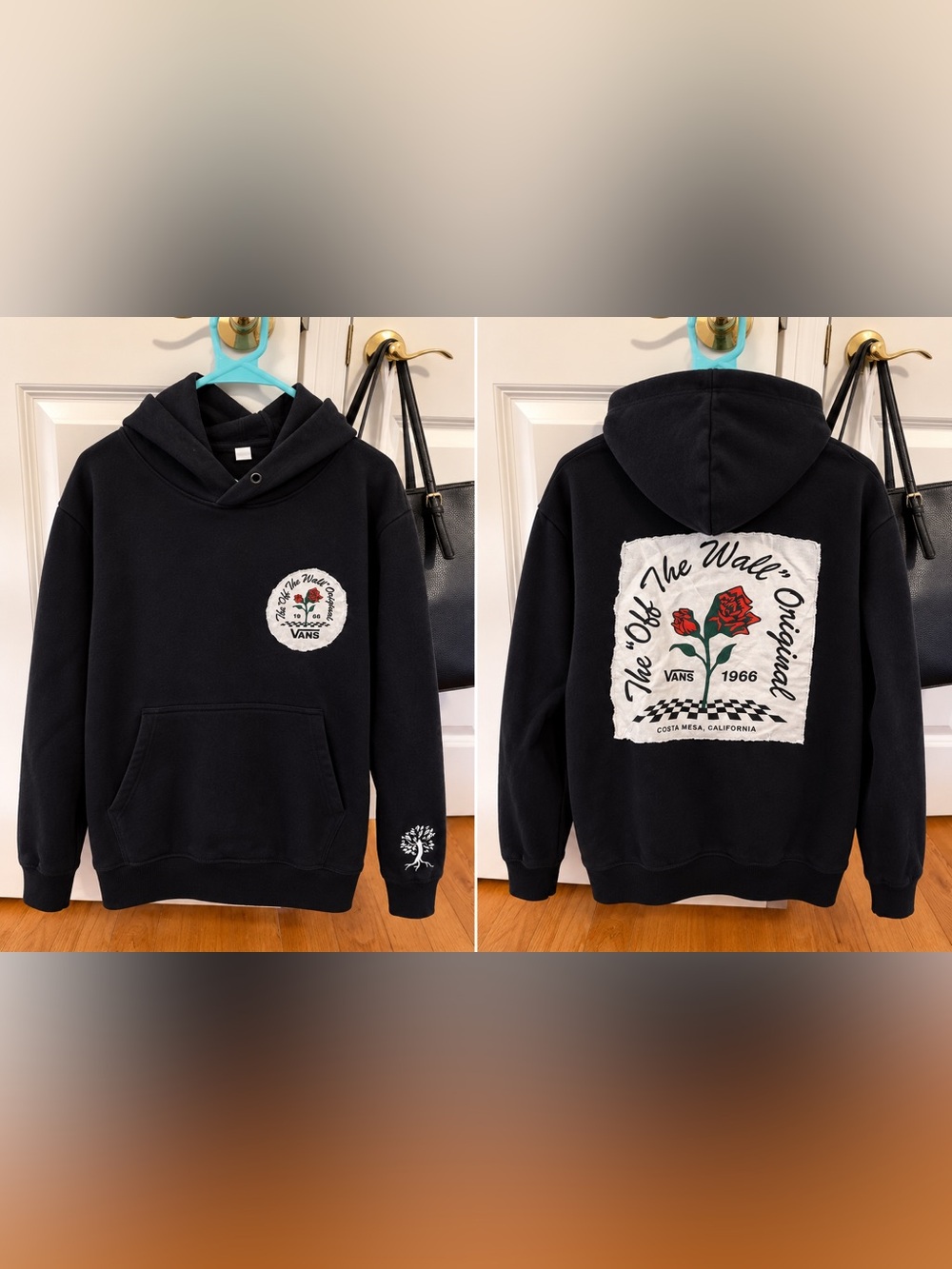 Vans Black Hooded Sweatshirt with Rose Patch upcycled!